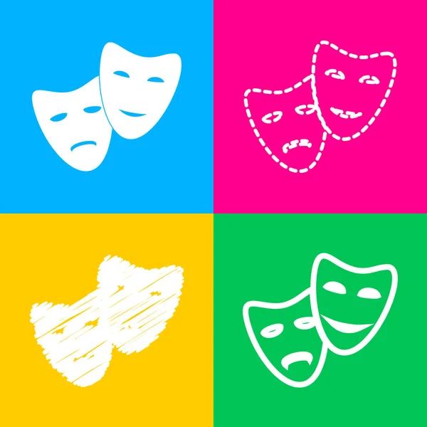 Theaterikone mit glücklichen und traurigen Masken. vier Symbolstile auf vier farbigen Quadraten. — Stockvektor