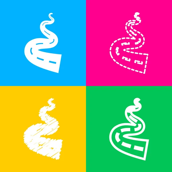 Panneau routier simple. Quatre styles d'icône sur quatre carrés de couleur . — Image vectorielle