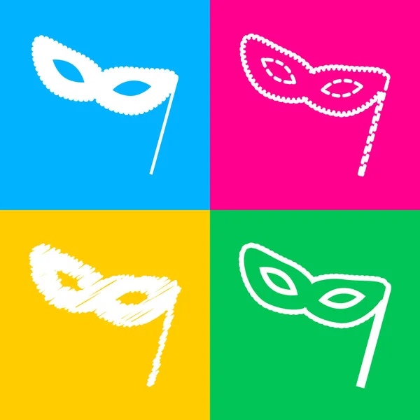Traditionelle venezianische Karneval dekorative Maske Zeichen. vier Symbolstile auf vier farbigen Quadraten. — Stockvektor