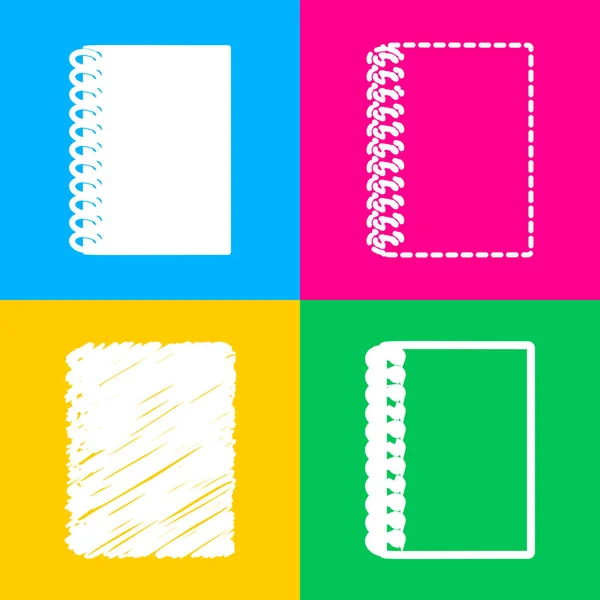 Notizbuch einfaches Zeichen. vier Symbolstile auf vier farbigen Quadraten. — Stockvektor