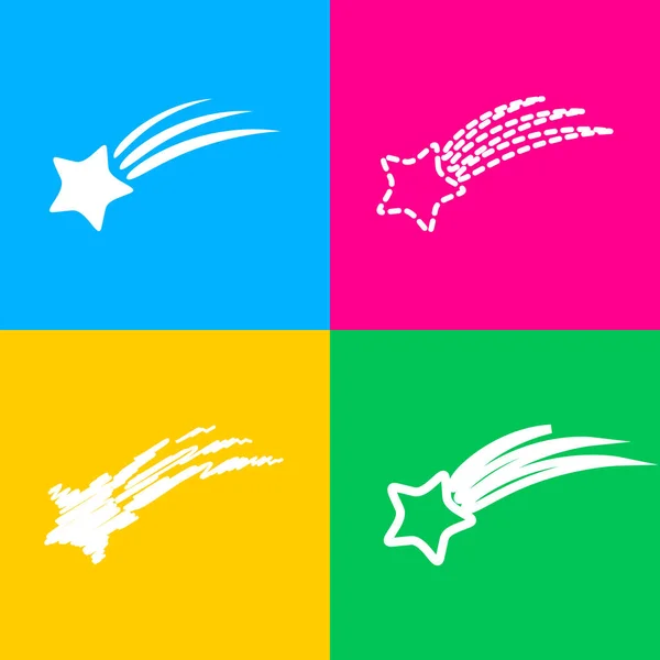 Signe d'étoile filante. Quatre styles d'icône sur quatre carrés de couleur . — Image vectorielle