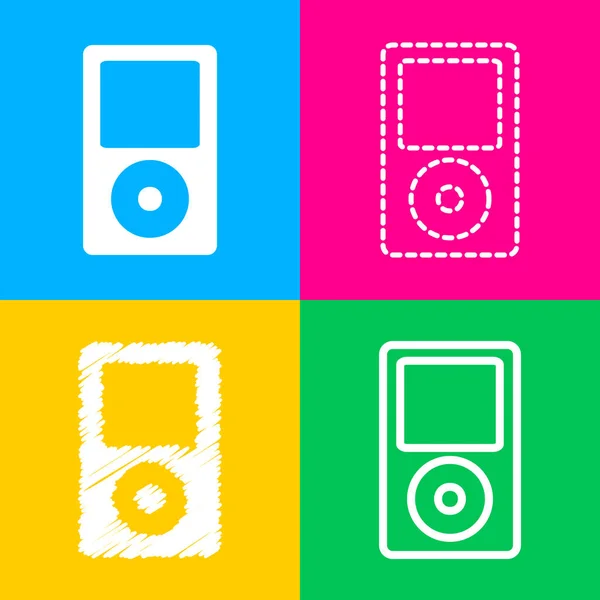 Dispositivo de música portátil. Cuatro estilos de icono en cuatro cuadrados de color . — Archivo Imágenes Vectoriales