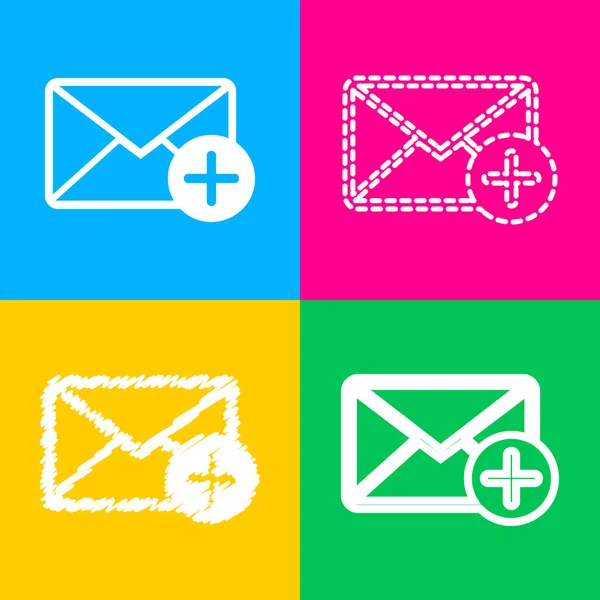 Illustration de signe de courrier avec ajouter une marque. Quatre styles d'icône sur quatre carrés de couleur . — Image vectorielle