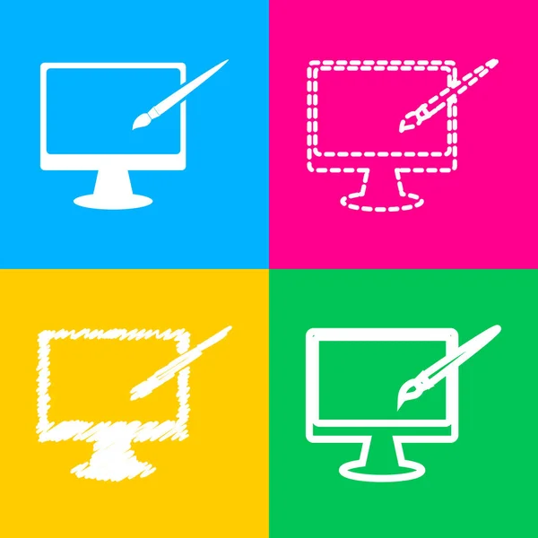 Monitor con signo de pincel. Cuatro estilos de icono en cuatro cuadrados de color . — Vector de stock