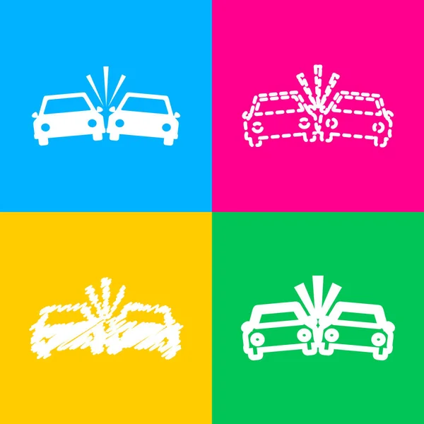 Crashed Cars sign. Four styles of icon on four color squares. — Stock Vector