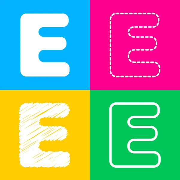 Lettre E signe élément de modèle de conception. Quatre styles d'icône sur quatre carrés de couleur . — Image vectorielle