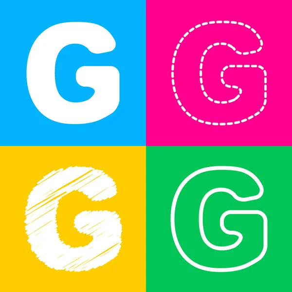 Buchstabe g Zeichen Designvorlage Element. vier Symbolstile auf vier farbigen Quadraten. — Stockvektor