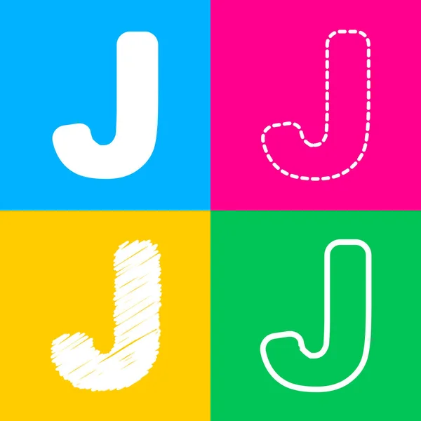 Элемент шаблона подписи буквы J. Четыре стиля иконки на четырех цветных квадратах . — стоковый вектор
