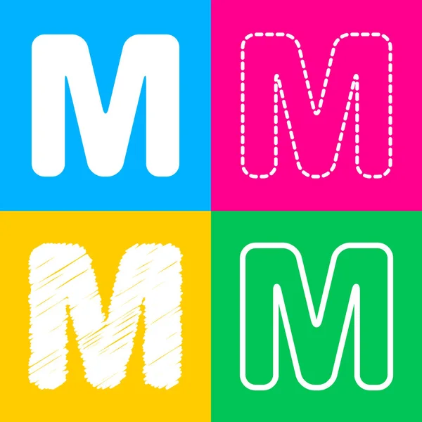 Letra M elemento de plantilla de diseño de signo. Cuatro estilos de icono en cuatro cuadrados de color . — Vector de stock