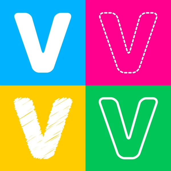 편지 V 기호 서식 파일 요소를 디자인합니다. 4 색상 사각형 아이콘의 4 가지 스타일. — 스톡 벡터