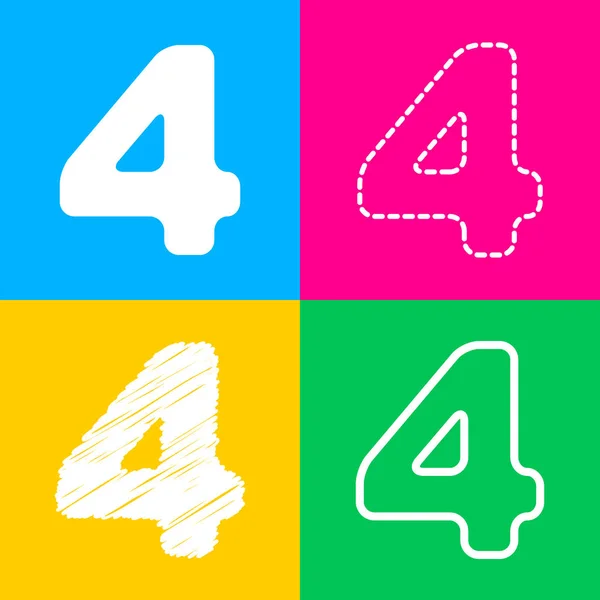 Número 4 elemento modelo de design de sinal. Quatro estilos de ícone em quatro quadrados de cores . — Vetor de Stock