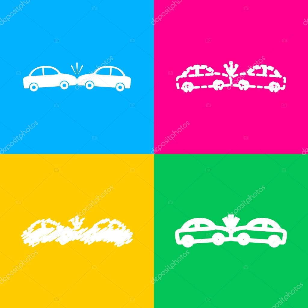 Crashed Cars sign. Four styles of icon on four color squares.
