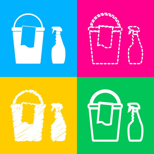 Kýbl a hadr s domácnosti chemické lahví. Čtyři styly ikony na čtyři barevné čtverce. — Stockový vektor