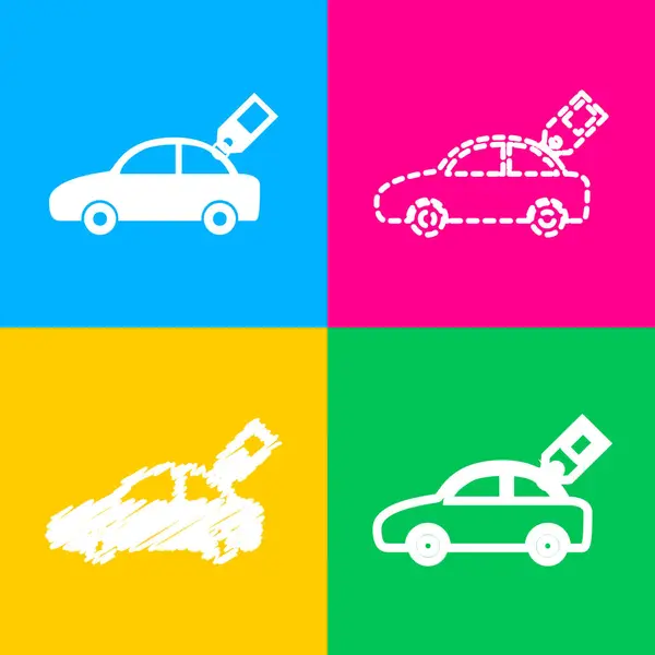 Firma del coche con etiqueta. Cuatro estilos de icono en cuatro cuadrados de color . — Vector de stock