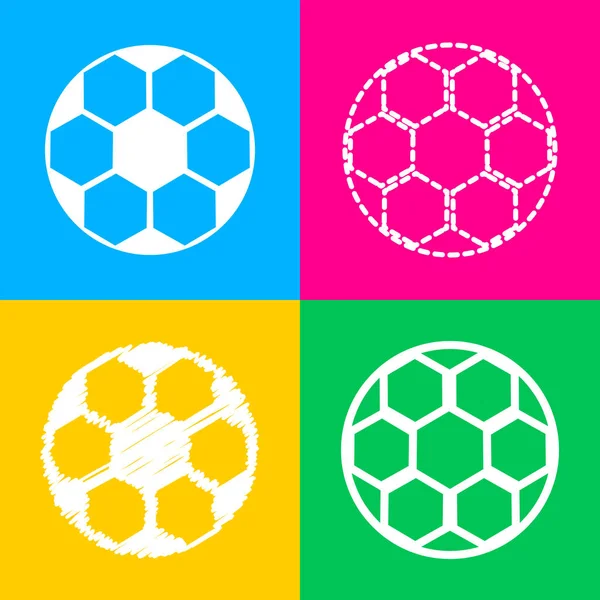 Soccer ball sign. Four styles of icon on four color squares. — Stock Vector