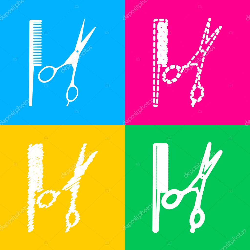 Barber shop sign. Four styles of icon on four color squares.