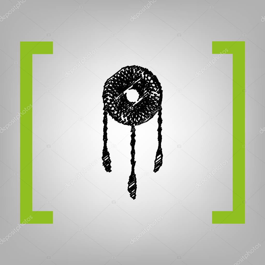 Dream catcher sign. Vector. Black scribble icon in citron brackets on grayish background.
