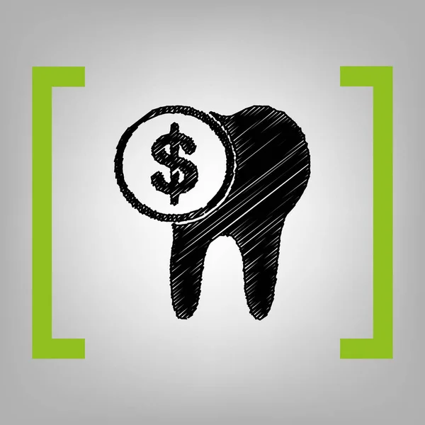 El costo del signo de tratamiento dental. Vector. Icono de garabato negro entre paréntesis de citrón sobre fondo grisáceo . — Vector de stock