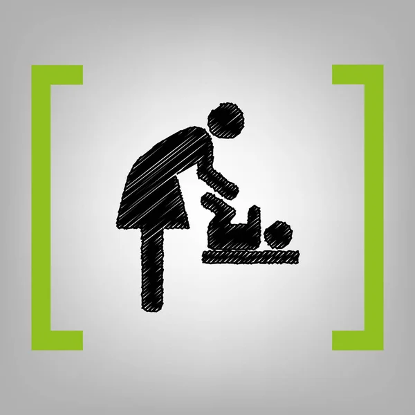 Symbole pour les femmes et les bébés, changement de bébé. Vecteur. Icône de gribouillage noir entre parenthèses de citron sur fond grisâtre . — Image vectorielle