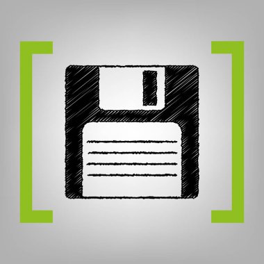 Disket işareti. Vektör. Ağaç kavunu ayraç grimsi arka plan üzerinde siyah karalama simgesi.