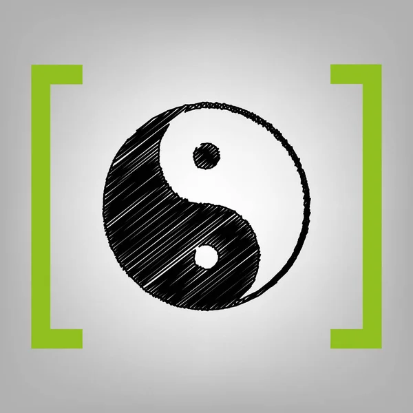 Ying yang symbol harmonii i równowagi. Wektor. Kulas czarny ikona w nawiasach citron na tle szaro. — Wektor stockowy