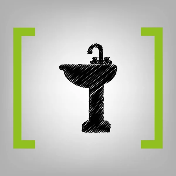 Panneau lavabo salle de bains. Vecteur. Icône de gribouillage noir entre parenthèses de citron sur fond grisâtre . — Image vectorielle