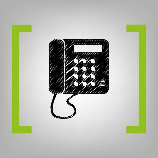 Communication or phone sign. Vector. Black scribble icon in citron brackets on grayish background. — Stock Vector
