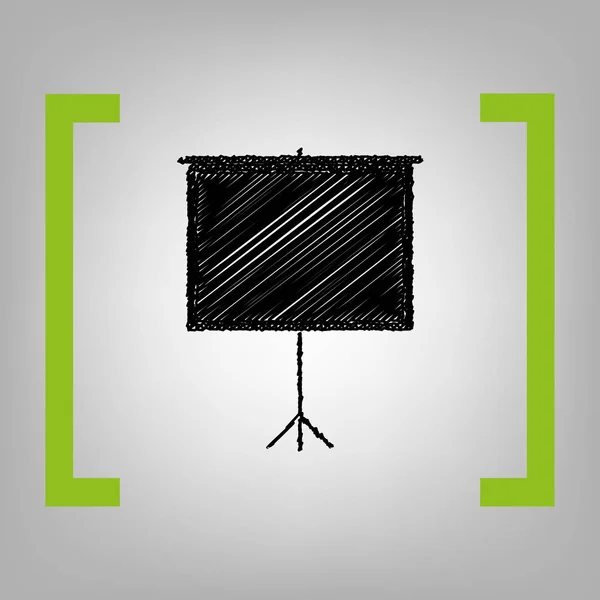 Blank Projection screen. Vector. Black scribble icon in citron brackets on grayish background. — Stock Vector