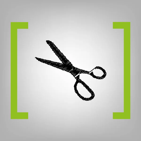 Scissors sign illustration. Vector. Black scribble icon in citron brackets on grayish background. — Stock Vector