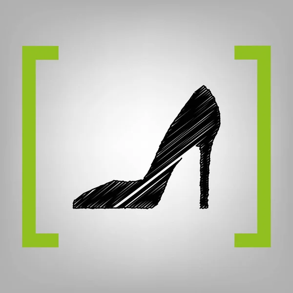 Segno di scarpe da donna. Vettore. Icona scarabocchiare nero tra parentesi di cedro su sfondo grigiastro . — Vettoriale Stock