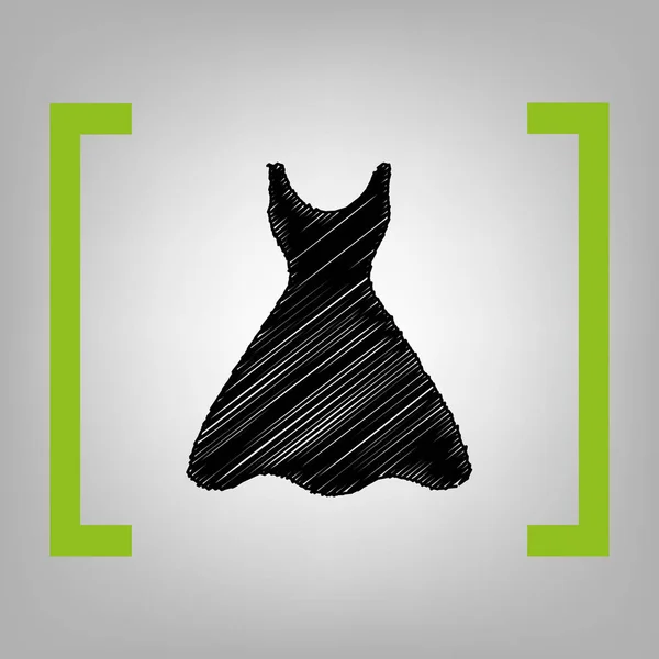 Woman dress sign. Vector. Black scribble icon in citron brackets on grayish background. — Stock Vector