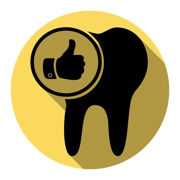 Signe de la dent avec le pouce vers le haut symbole. Vecteur. Icône noire plate avec ombre plate sur cercle jaune royal avec fond blanc. Isolé . — Image vectorielle