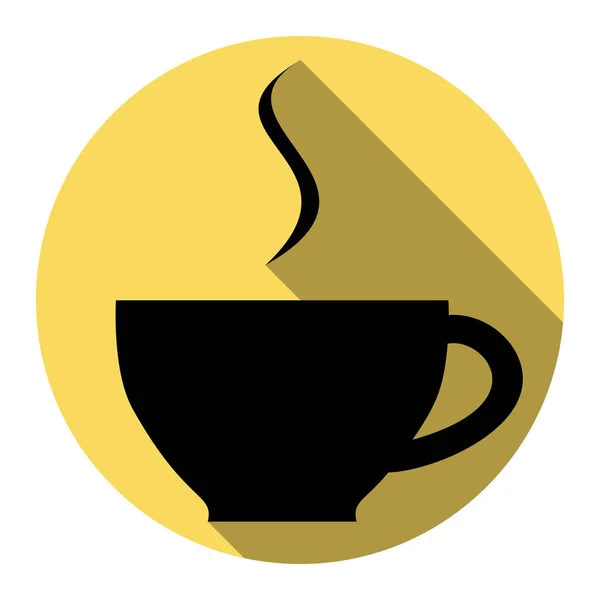 Bir fincan kahve işareti. Vektör. Düz siyah simgesi beyaz arka plan ile Kraliyet sarı daire üzerinde düz gölge ile. İzole. — Stok Vektör