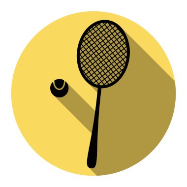 Tenis raket işareti. Vektör. Düz siyah simgesi beyaz arka plan ile Kraliyet sarı daire üzerinde düz gölge ile. İzole.