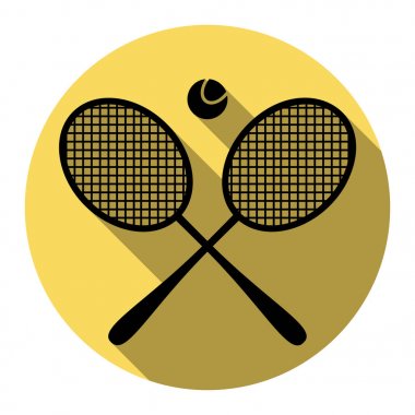 Tenis raketi işareti. Vektör. Düz siyah simgesi beyaz arka plan ile Kraliyet sarı daire üzerinde düz gölge ile. İzole.