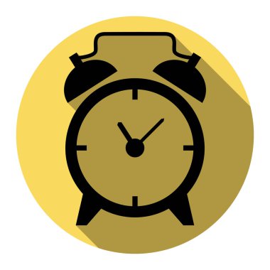 Çalar saat işareti. Vektör. Düz siyah simgesi beyaz arka plan ile Kraliyet sarı daire üzerinde düz gölge ile. İzole.