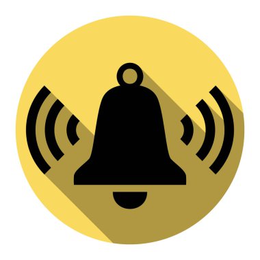 Zil zil simgesini. Vektör. Düz siyah simgesi beyaz arka plan ile Kraliyet sarı daire üzerinde düz gölge ile. İzole.