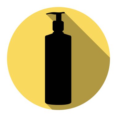 Jel, köpük veya sıvı sabun. Dağıtıcı plastik şişe pompa siluet. Vektör. Düz siyah simgesi beyaz arka plan ile Kraliyet sarı daire üzerinde düz gölge ile. İzole.