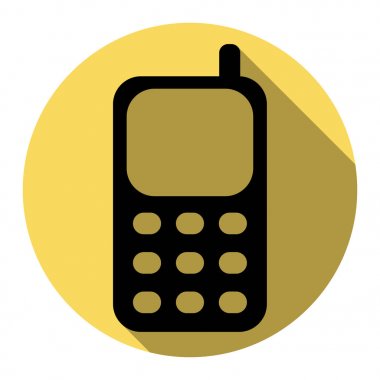 Cep telefonu işareti. Vektör. Düz siyah simgesi beyaz arka plan ile Kraliyet sarı daire üzerinde düz gölge ile. İzole.