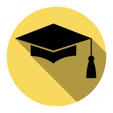 Harç kurulu veya Mezuniyet Cap, eğitim sembolü. Vektör. Düz siyah simgesi beyaz arka plan ile Kraliyet sarı daire üzerinde düz gölge ile. İzole.