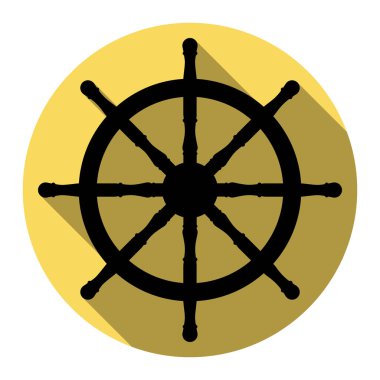 Tekerlek işareti gemi. Vektör. Düz siyah simgesi beyaz arka plan ile Kraliyet sarı daire üzerinde düz gölge ile. İzole.