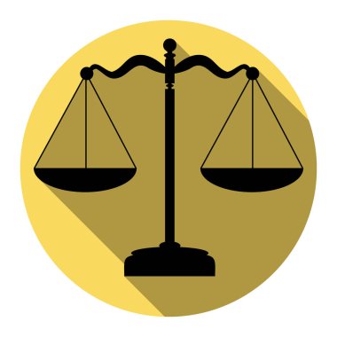 Ölçekler denge işareti. Vektör. Düz siyah simgesi beyaz arka plan ile Kraliyet sarı daire üzerinde düz gölge ile. İzole.