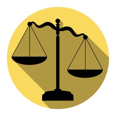 Adalet ölçekler işareti. Vektör. Düz siyah simgesi beyaz arka plan ile Kraliyet sarı daire üzerinde düz gölge ile. İzole.