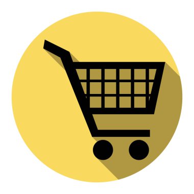 Alışveriş sepeti işareti. Vektör. Düz siyah simgesi beyaz arka plan ile Kraliyet sarı daire üzerinde düz gölge ile. İzole.