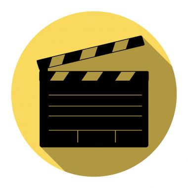 Film bel soğukluğu kurulu sinema iz yok. Vektör. Düz siyah simgesi beyaz arka plan ile Kraliyet sarı daire üzerinde düz gölge ile. İzole.