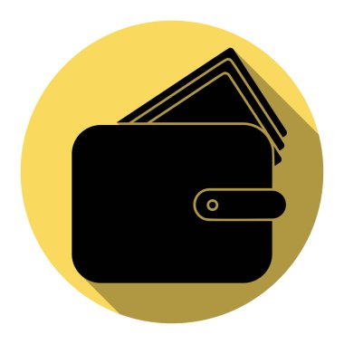 M-cüzdan işareti illüstrasyon. Vektör. Düz siyah simgesi beyaz arka plan ile Kraliyet sarı daire üzerinde düz gölge ile. İzole.