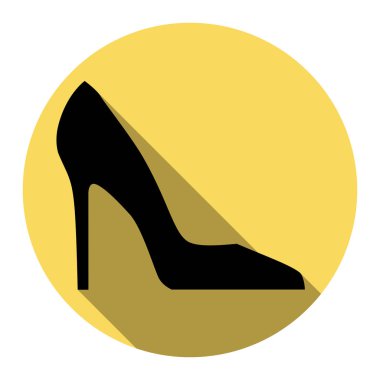 Kadın Ayakkabı işareti. Vektör. Düz siyah simgesi beyaz arka plan ile Kraliyet sarı daire üzerinde düz gölge ile. İzole.