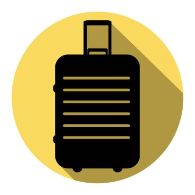 Bagaj işareti illüstrasyon. Vektör. Düz siyah simgesi beyaz arka plan ile Kraliyet sarı daire üzerinde düz gölge ile. İzole.