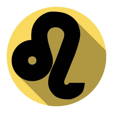 Leo işareti illüstrasyon. Vektör. Düz siyah simgesi beyaz arka plan ile Kraliyet sarı daire üzerinde düz gölge ile. İzole.