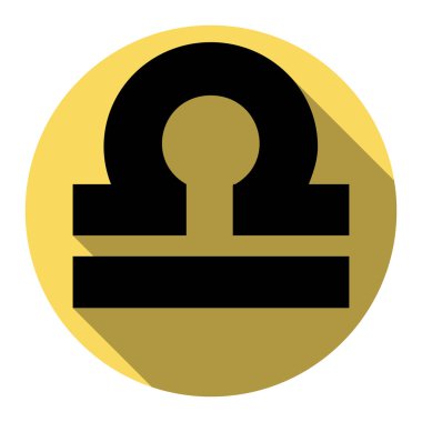 Terazi işareti illüstrasyon. Vektör. Düz siyah simgesi beyaz arka plan ile Kraliyet sarı daire üzerinde düz gölge ile. İzole.